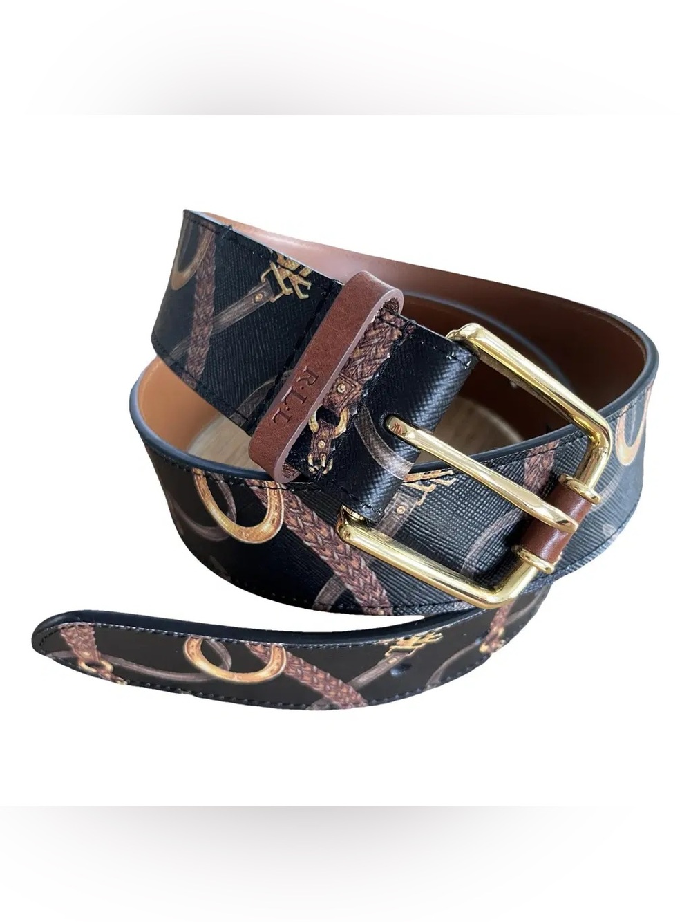 RALPH LAUREN Black/Brown Belting Bridle Equestrian Crosshatch Logo Belt